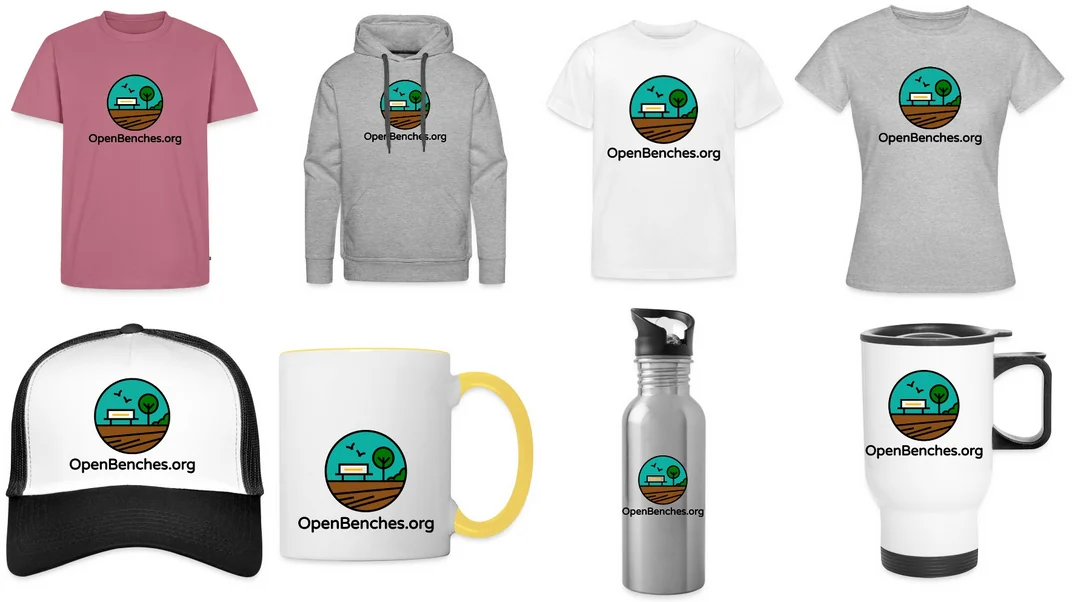 Various t-shirts, mugs, and caps with the OpenBenches logo.